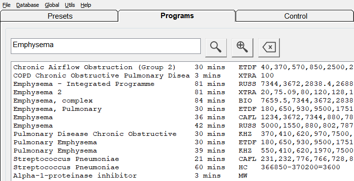 In the Programs tab, search for "Emphysema" and select the appropriate program that targets lung health and regeneration.