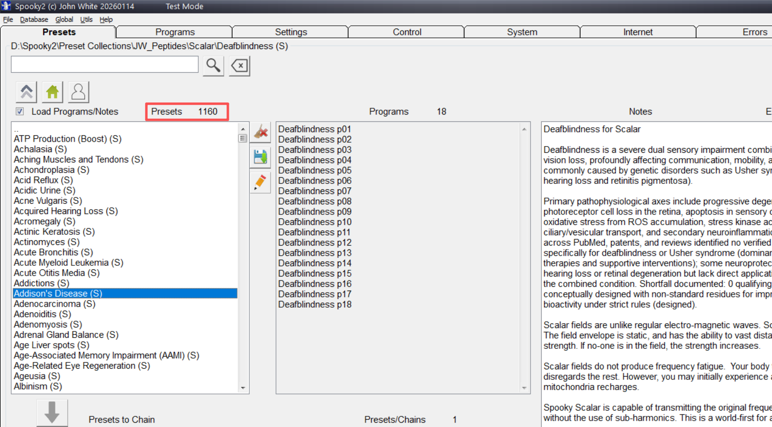Select Peptide Preset in Spooky2 Software
