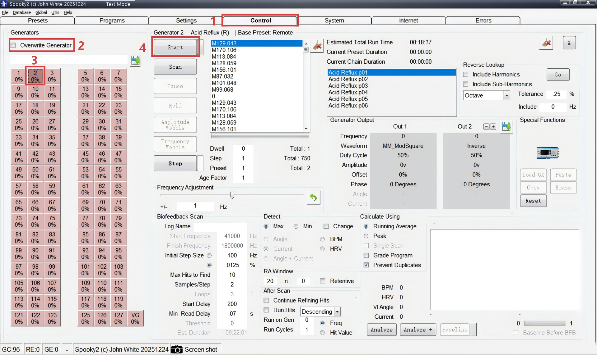 Select Peptide Preset in Spooky2 Software