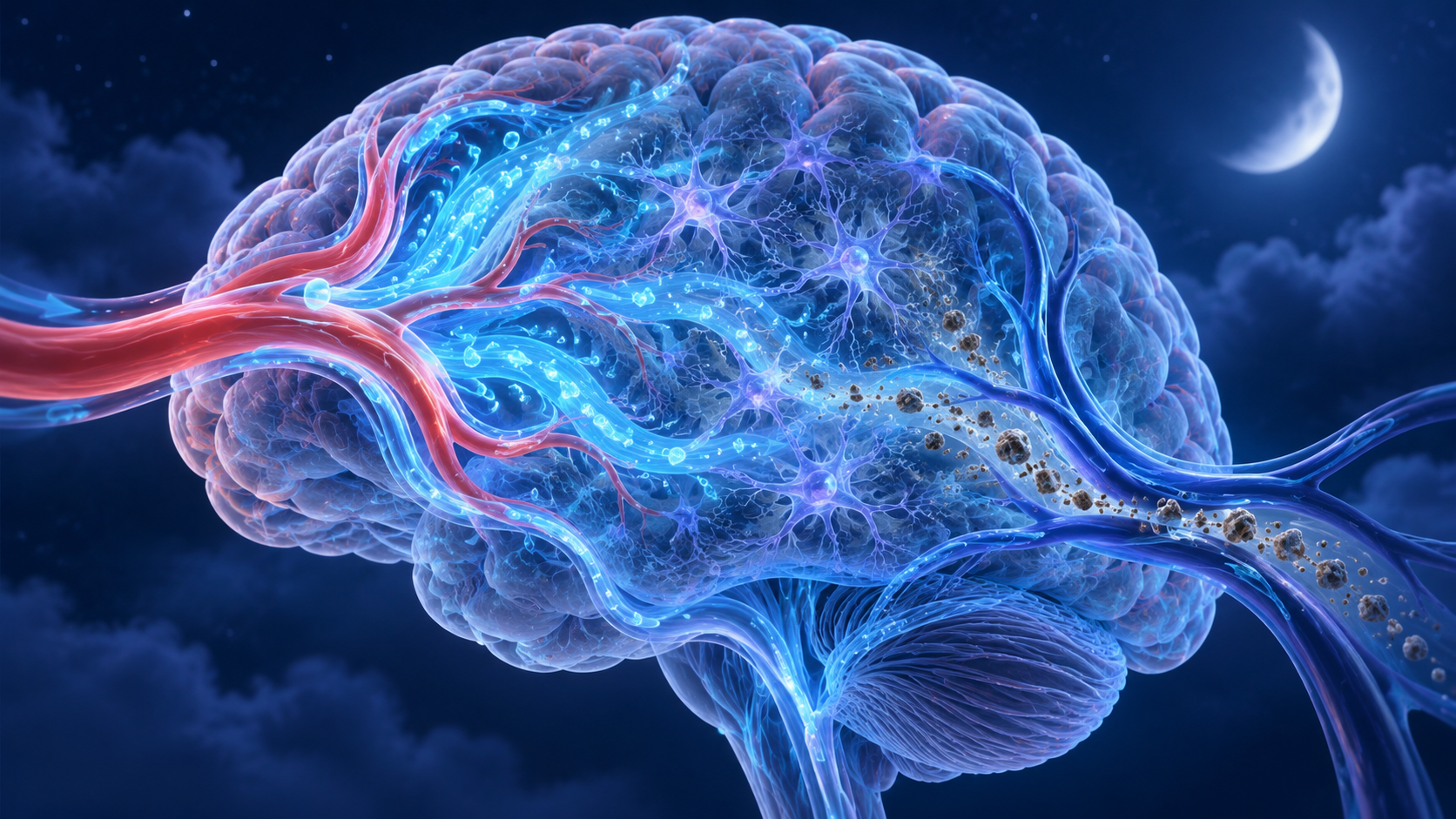 Illustration of the glymphatic system and fluid movement around the brain